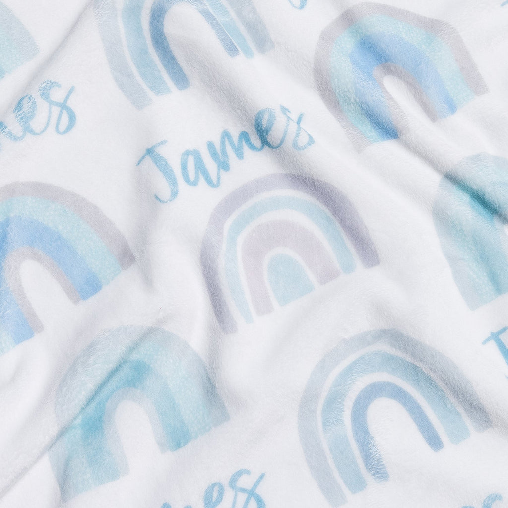 Personalised All Over Name Baby Blanket - Blue Rainbows - Blankids