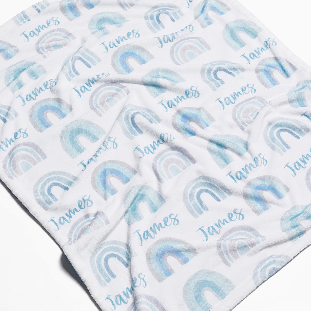 Personalised All Over Name Baby Blanket - Blue Rainbows - Blankids