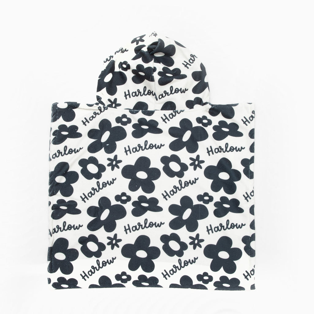 Personalised Hooded Towel - Black and White Floral - Blankids