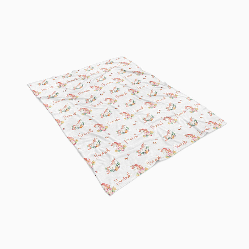 Personalised All Over Name Baby Blanket - Floral Unicorns - Blankids