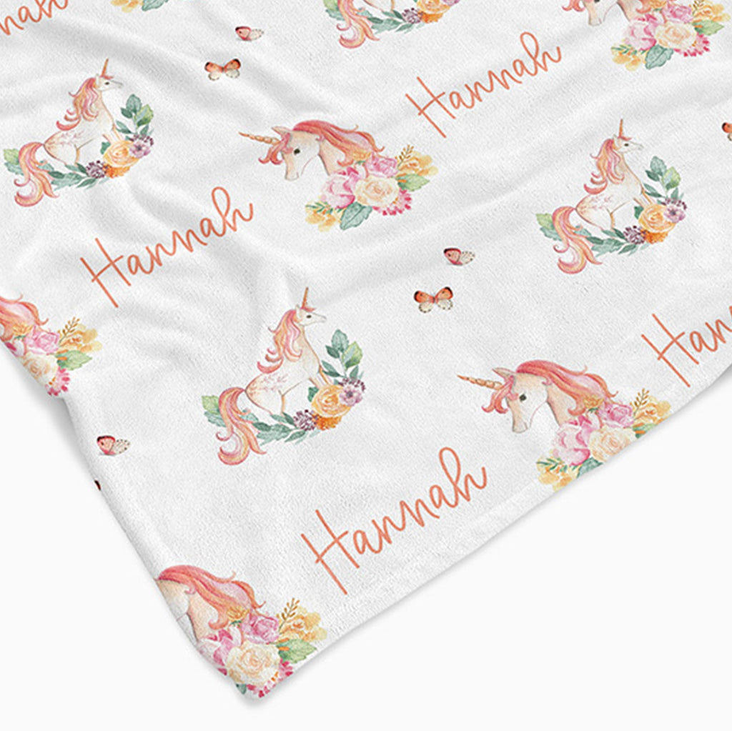 Personalised All Over Name Baby Blanket - Floral Unicorns - Blankids