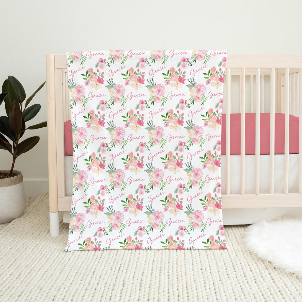 Personalised All Over Name Baby Blanket - Pink Floral - Blankids