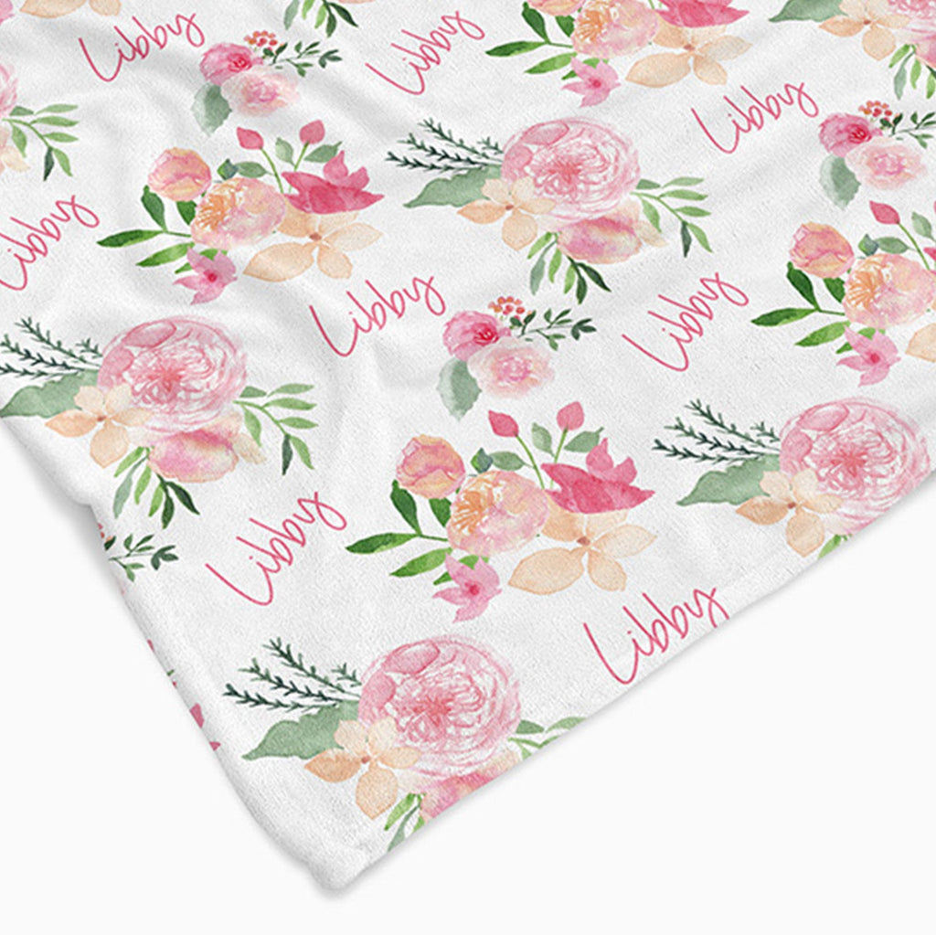 Personalised All Over Name Baby Blanket - Pink Floral - Blankids