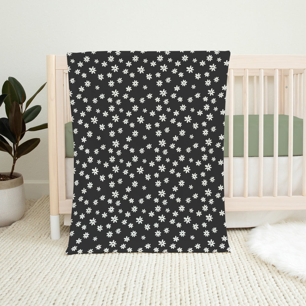 Personalised All Over Name Baby Blanket - Black and White Floral - Blankids