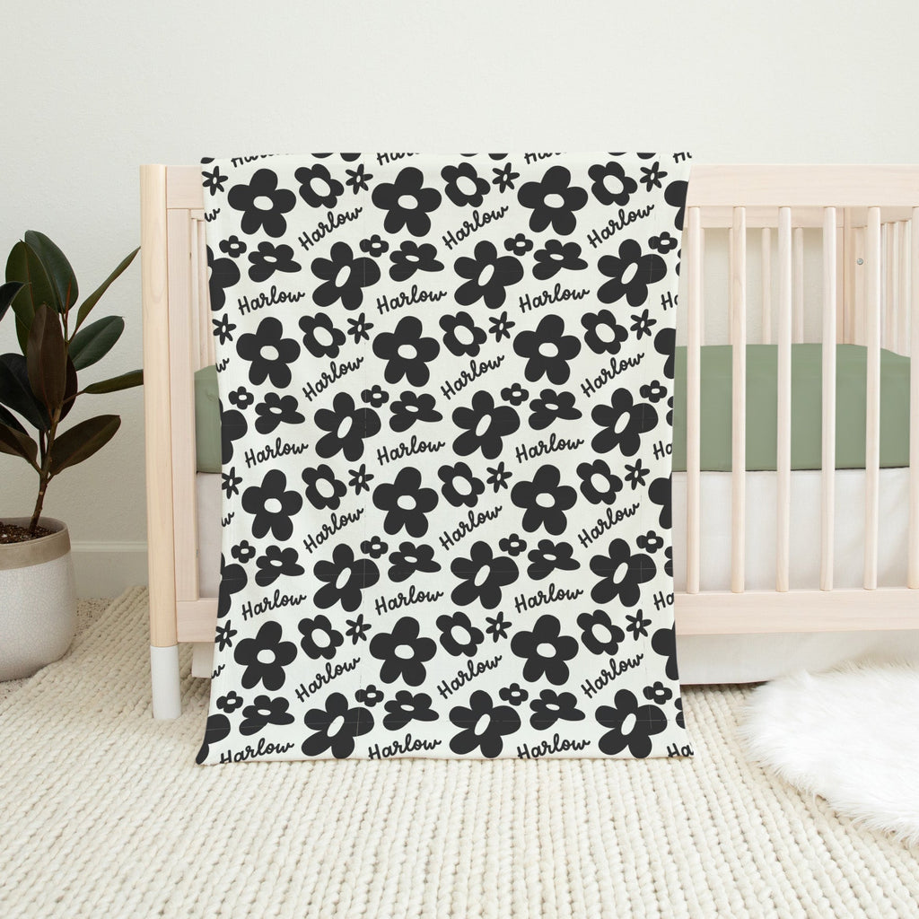 Personalised All Over Name Baby Blanket - Black and White Floral - Blankids