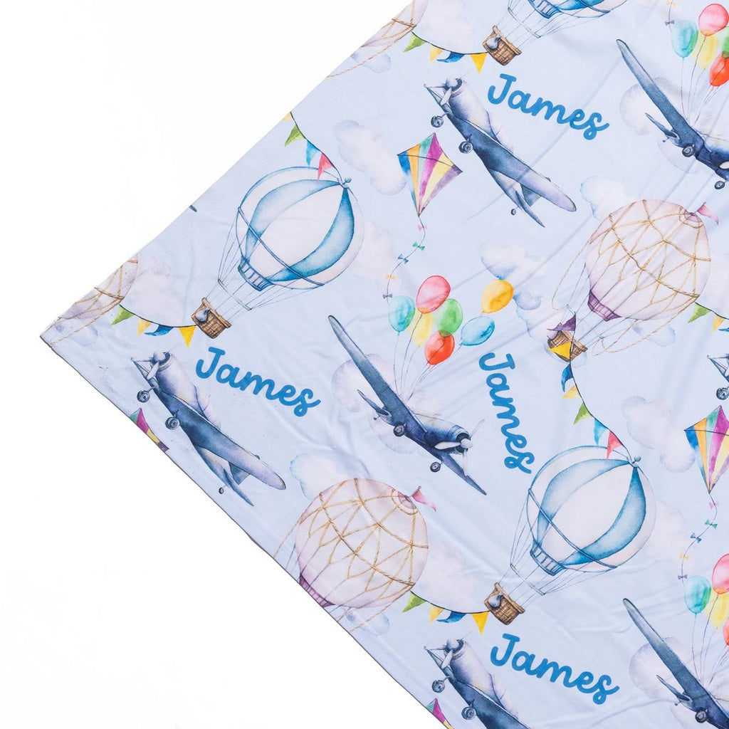 Personalised All Over Name Baby Swaddle - Planes and Hot Air Balloons - Blankids