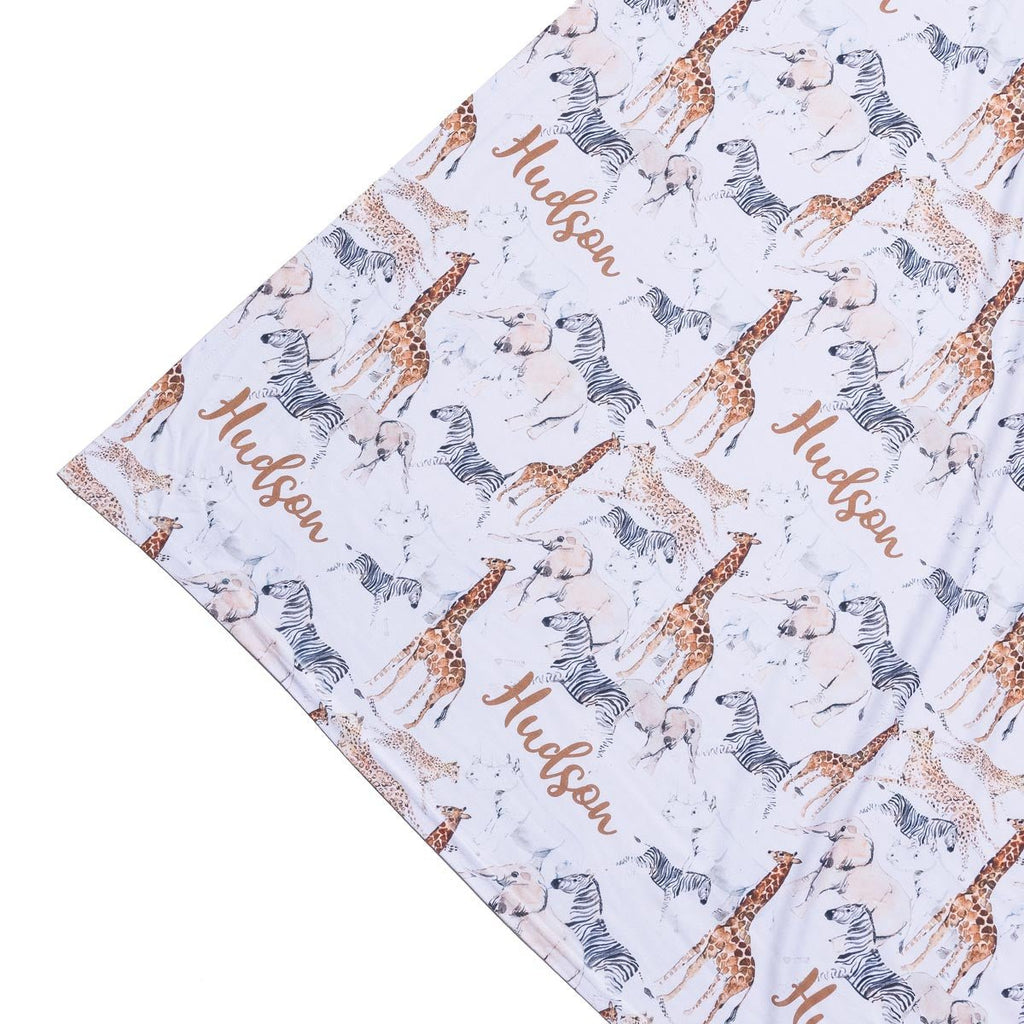 Personalised All Over Name Baby Swaddle - Safari Animals - Blankids