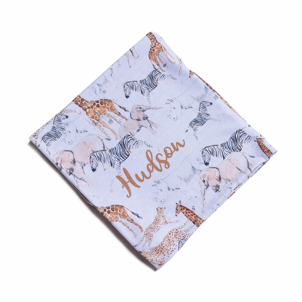Personalised All Over Name Baby Swaddle - Safari Animals - Blankids