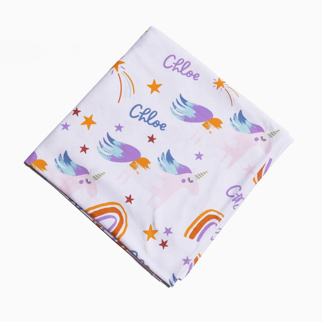 Personalised All Over Name Baby Swaddle - Unicorns and Rainbows - Blankids