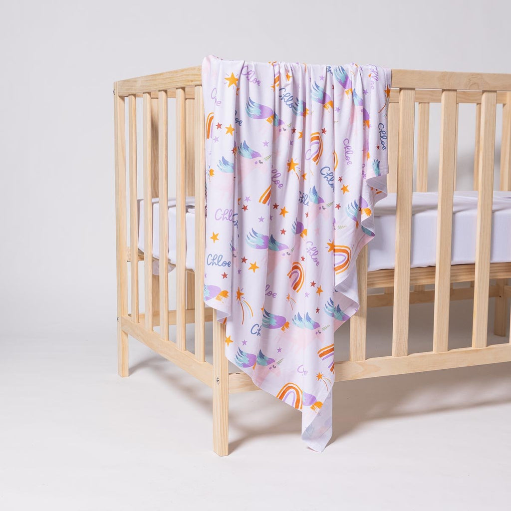 Personalised All Over Name Baby Swaddle - Unicorns and Rainbows - Blankids
