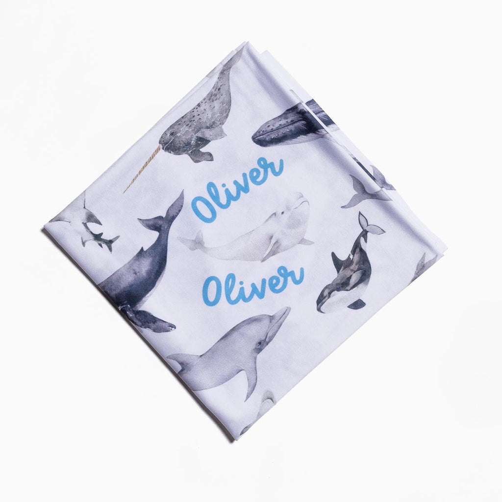 Personalised All Over Name Baby Swaddle - Whales - Blankids