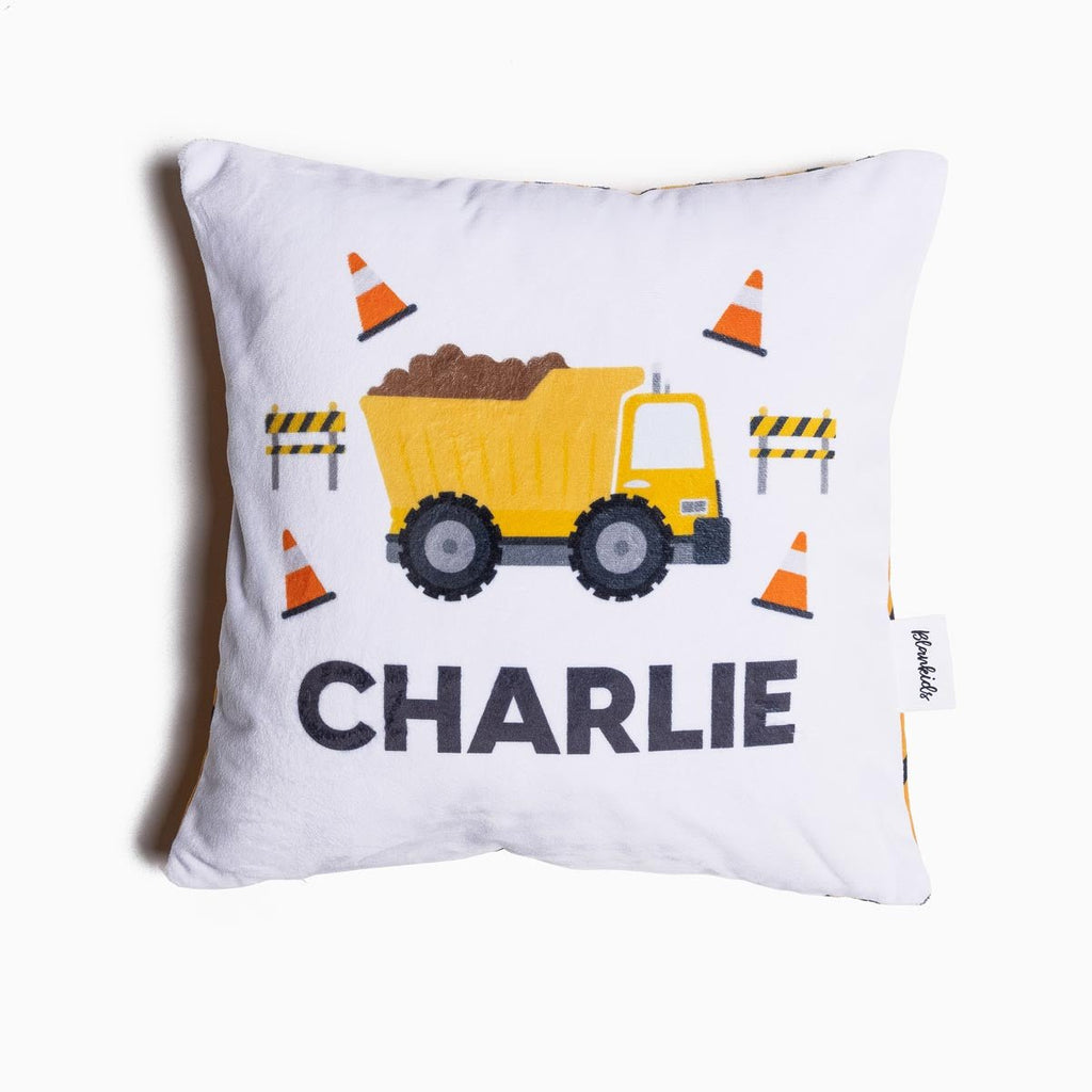Personalised Name Throw Cushion - Construction Trucks - Blankids