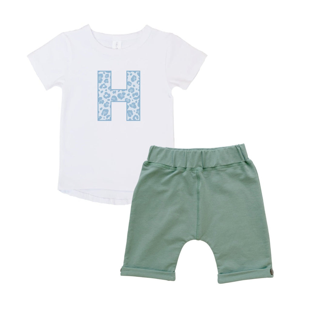 Personalised Tee & Short – Kids Set - Leopard Print Initial - Blue - Blankids