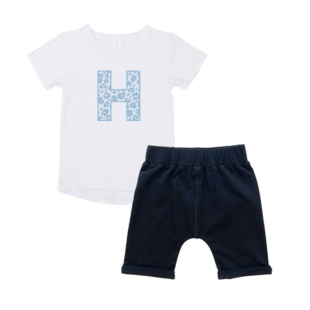 Personalised Tee & Short – Kids Set - Leopard Print Initial - Blue - Blankids