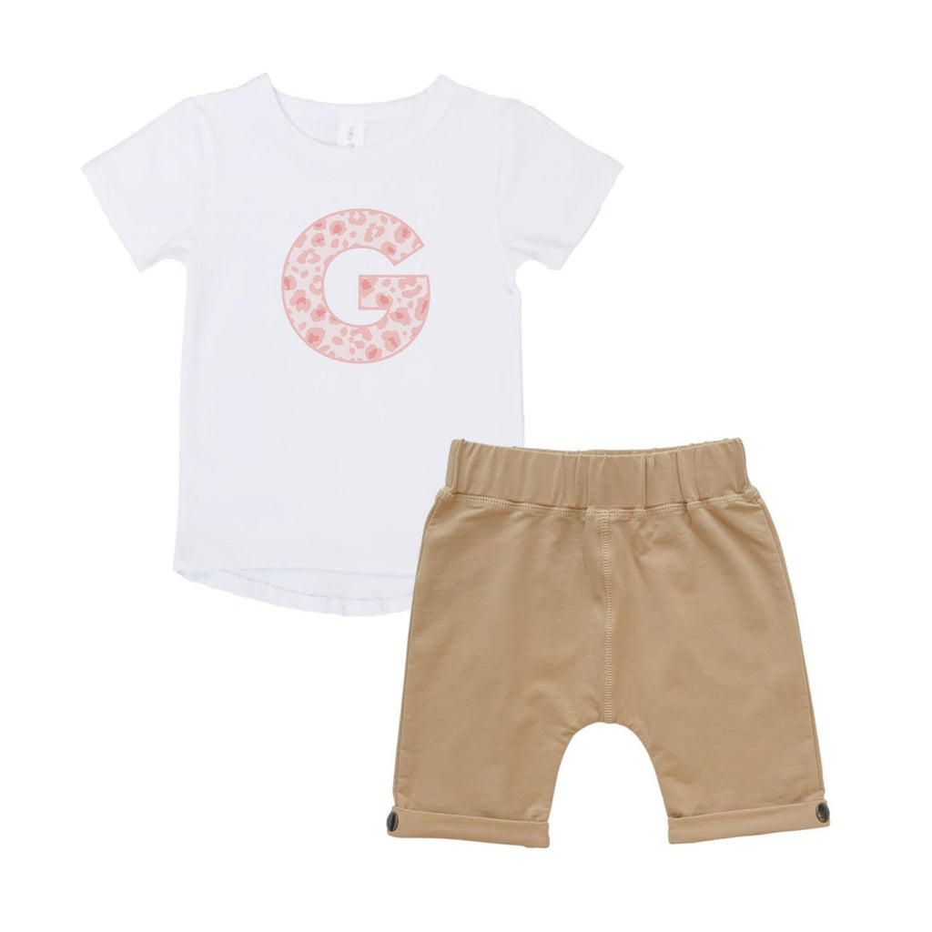 Personalised Tee & Short – Kids Set - Leopard Print Initial - Pink - Blankids