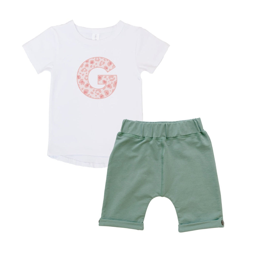 Personalised Tee & Short – Kids Set - Leopard Print Initial - Pink - Blankids